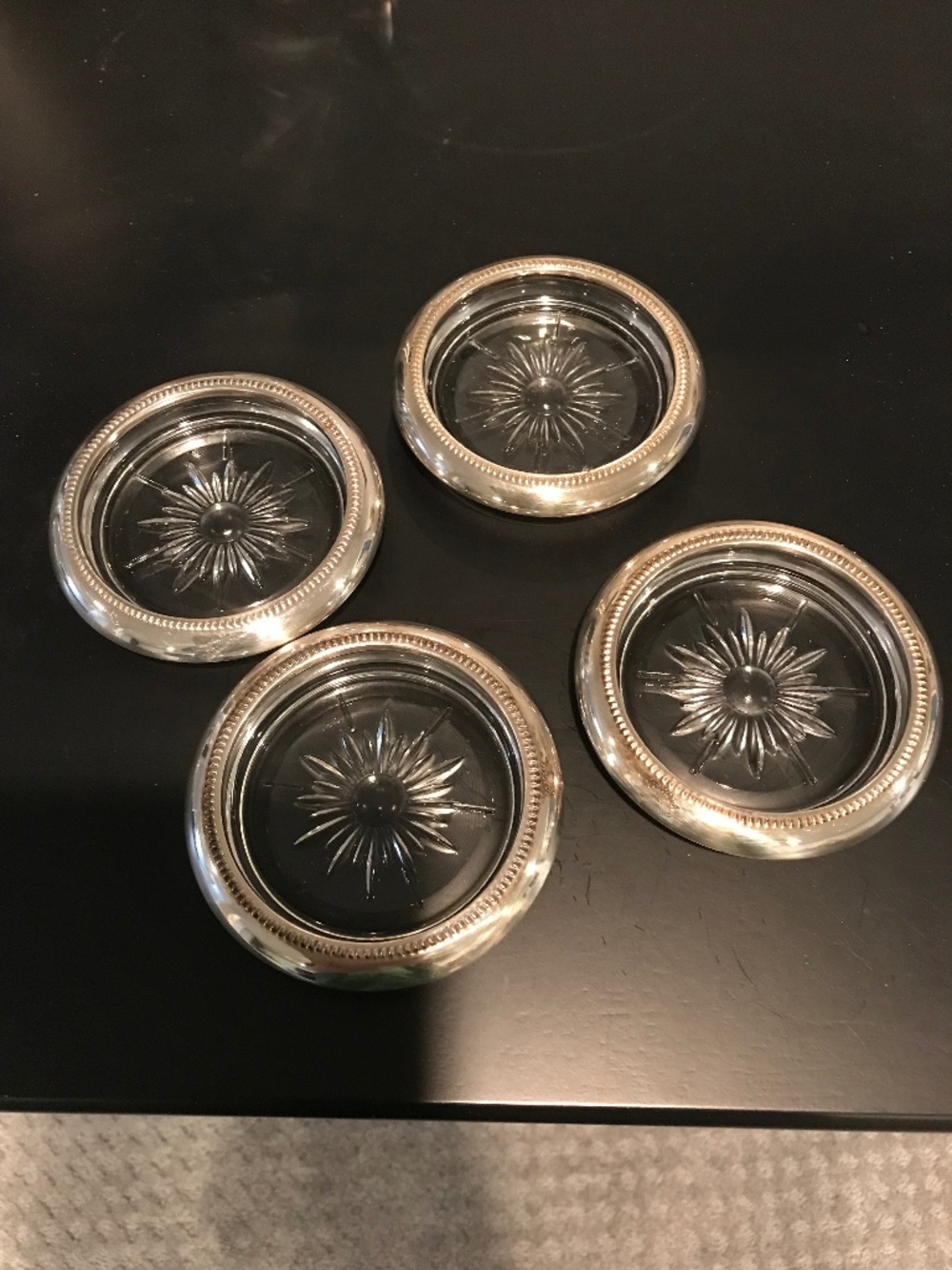 Vintage Leonard Silver Plate Crystal & Silver Coaster/Ashtray Set Of 4